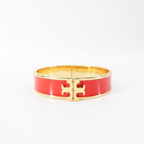 Tory Burch Jewelry - Tory Burch Enameled Kira Logo Hinged Bracelet Gold/ Red OS